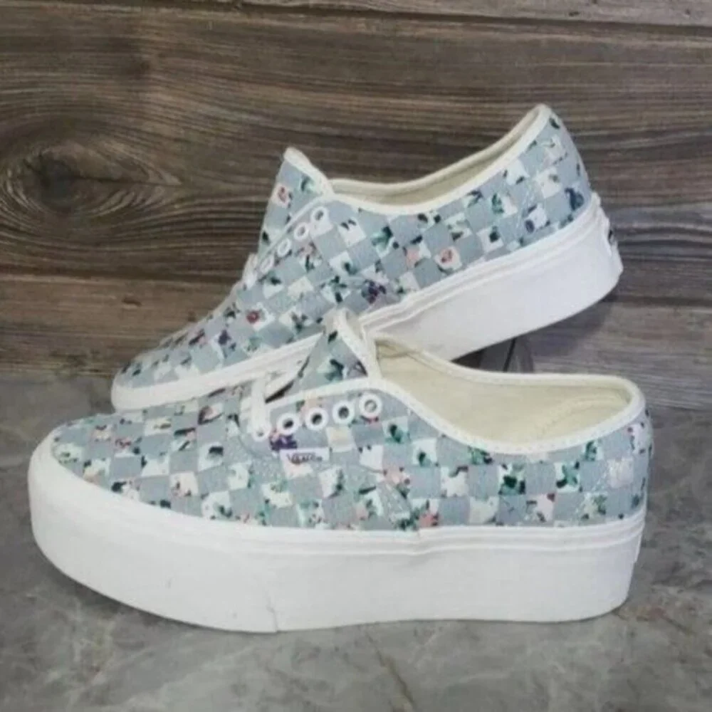 New Vans Authentic Stacked Denim Floral Womens Platform Shoes Size 7 Boho Casual